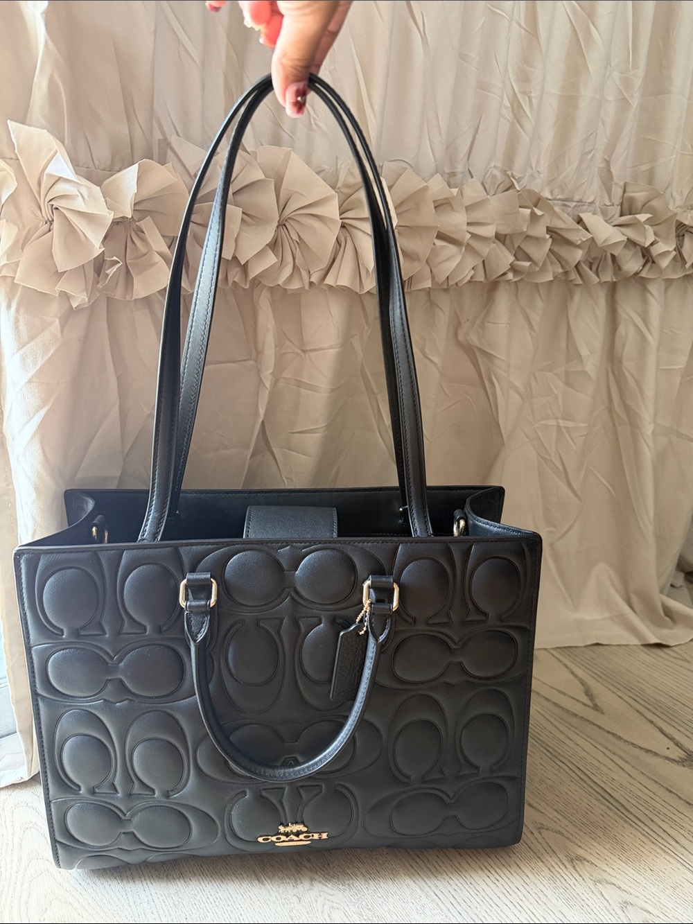 Coach Black Embossed Signature Leather Tote with Double Straps